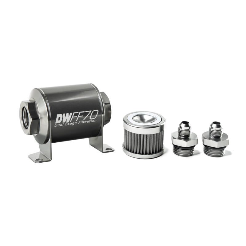 DeatschWerks Stainless Steel 6AN 40 Micron Universal Inline Fuel Filter Housing Kit (70mm) - 8-03-070-040K-6