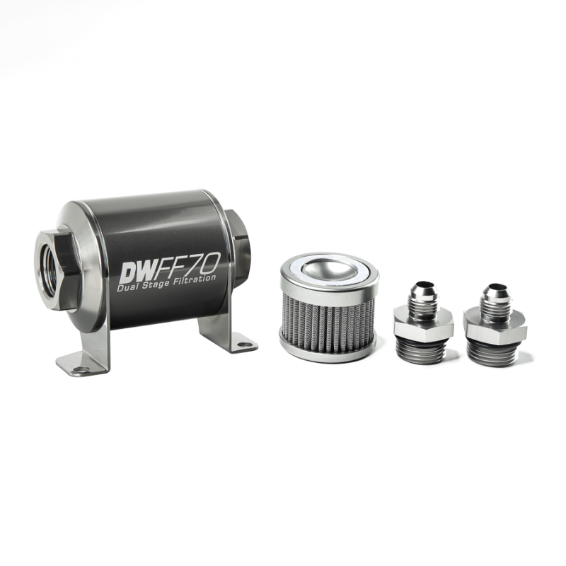 DeatschWerks Stainless Steel 6AN 100 Micron Universal Inline Fuel Filter Housing Kit (70mm) - 8-03-070-100K-6