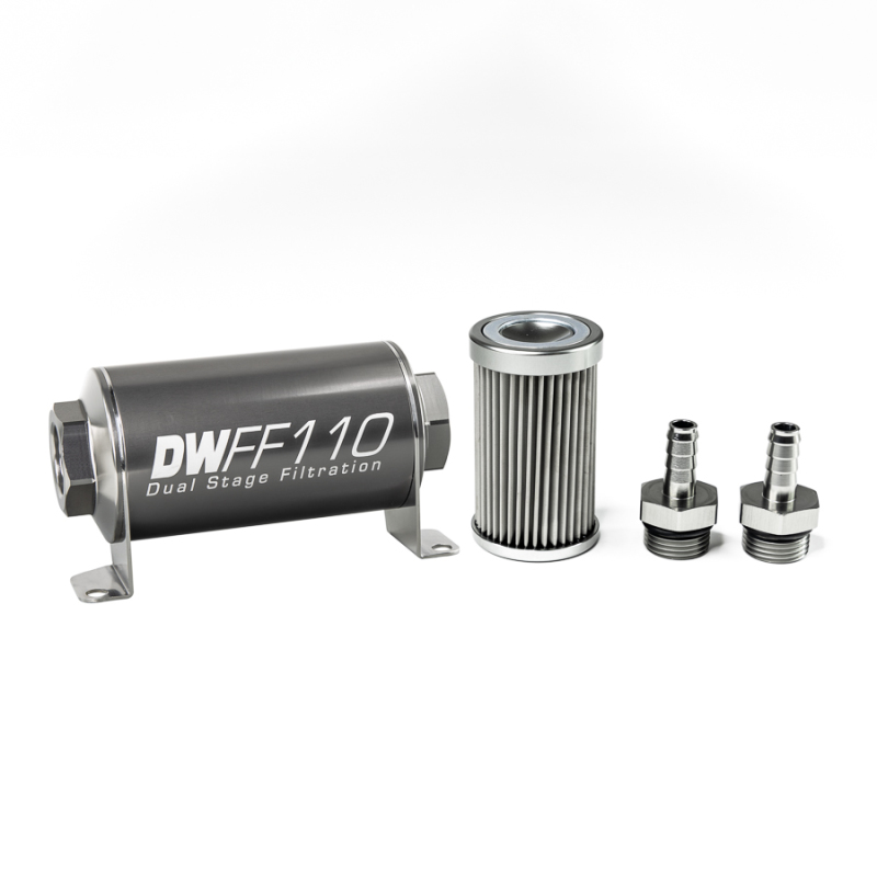 DeatschWerks Stainless Steel 3/8in 10 Micron Universal Inline Fuel Filter Housing Kit (110mm) - 8-03-110-010K-38