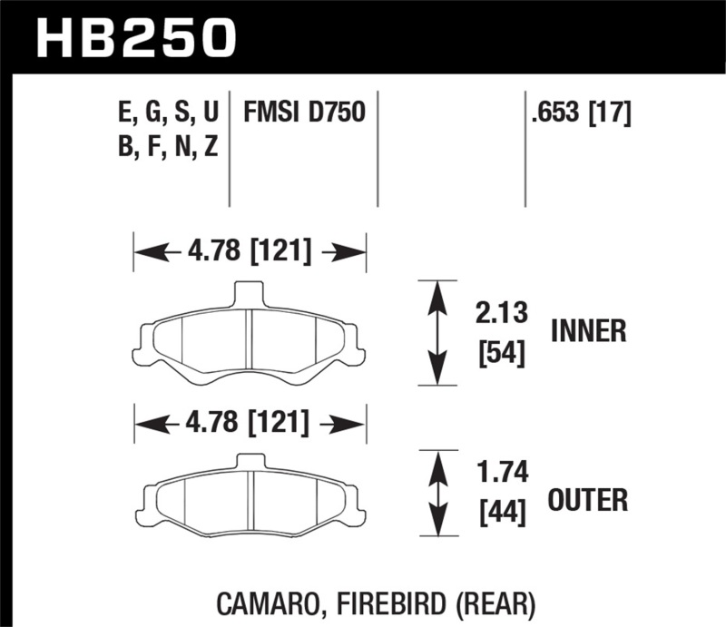 Hawk 98-02 Chevrolet Camaro 5.7L/3.8L / 98-02 Pontiac Firebird 5.7L/3.8L  HPS Street Rear Brake Pads - HB250F.653