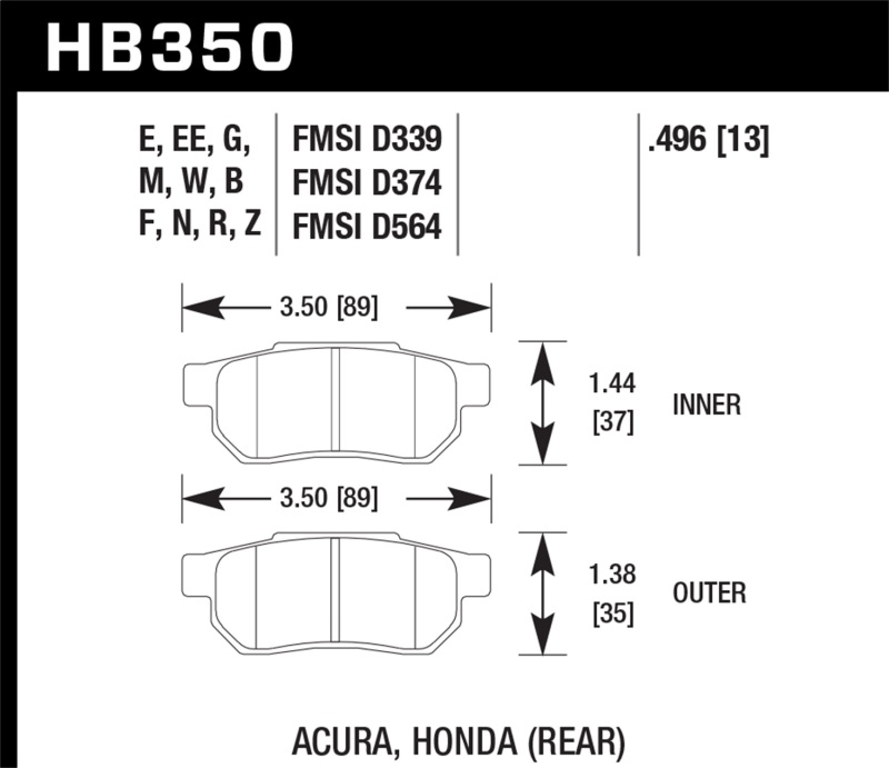 Hawk 86-01 Acura Integra LS / 99-00 Civic Coupe Si DTC-30 Race Rear Brake Pads - HB350W.496