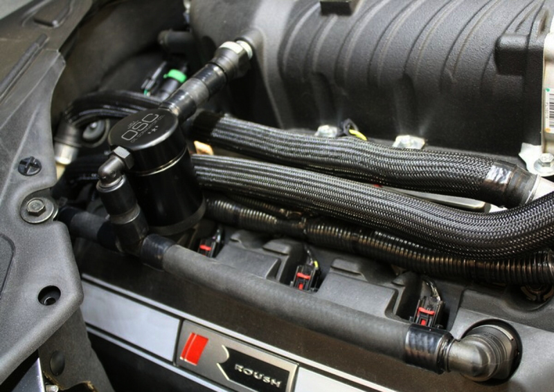 J&L 11-17 Ford Mustang GT (w/Roush/VMP S/C) Passenger Side Oil Separator 3.0 - Black Anodized - 3020P-B