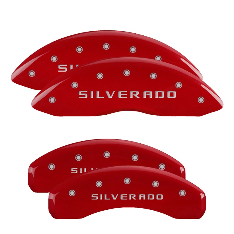 MGP 4 Caliper Covers Engraved F&R MGP Red Finish Silver Characters 2019 Chevrolet Silverado 1500 - 14252SSILRD