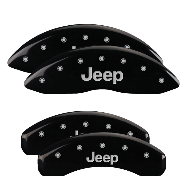 MGP 4 Caliper Covers Engraved Front & Rear 11-18 Jeep Grand Cherokee Black Finish Silver Jeep Logo - 42020SJEPBK