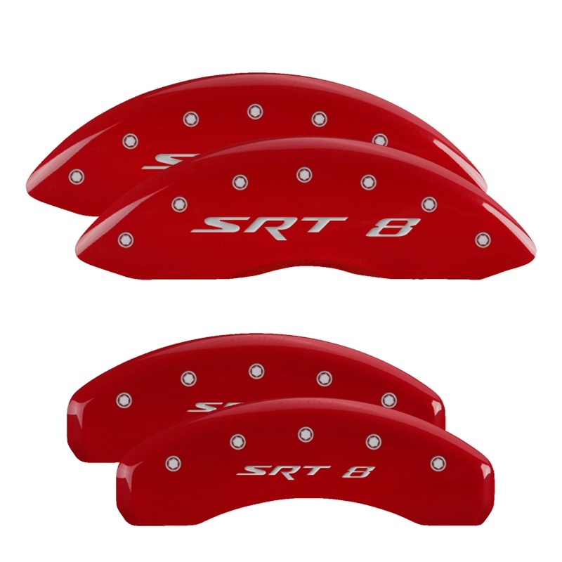 MGP 4 Caliper Covers Engraved Front & Rear 11-18 Jeep Grand Cherokee Red Finish Silver SRT-8 Logo - 42020SSR8RD