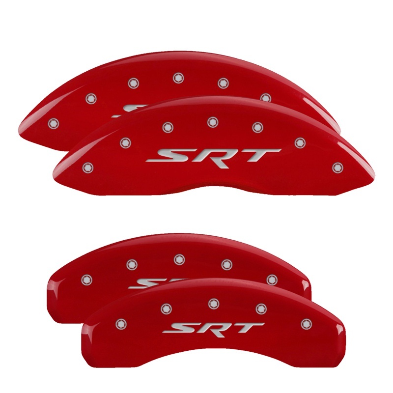 MGP 4 Caliper Covers Engraved Front & Rear 11-18 Jeep Grand Cherokee Red Finish Silver SRT Logo - 42020SSRTRD