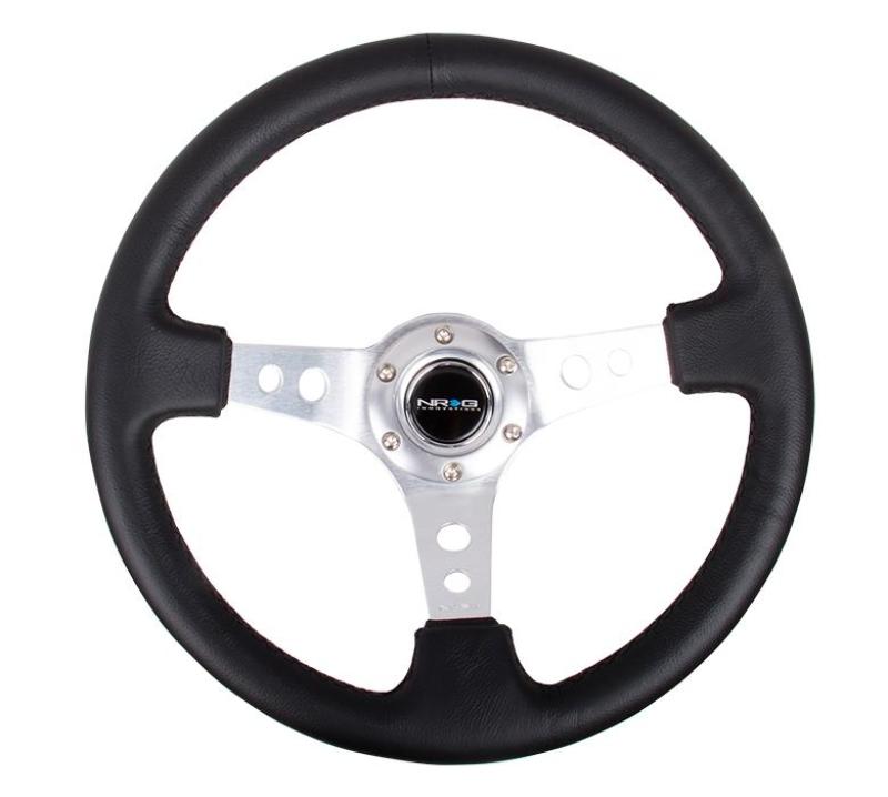 NRG Reinforced Steering Wheel (350mm / 3in. Deep) Blk Leather w/Silver Spoke & Circle Cutouts - RST-006SL