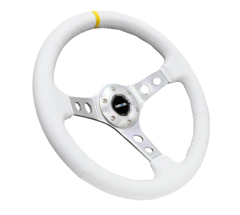 NRG Reinforced Steering Wheel (350mm / 3in. Deep) Wht Leather w/Silver Spoke & Single Yellow Mark - RST-006WT-Y