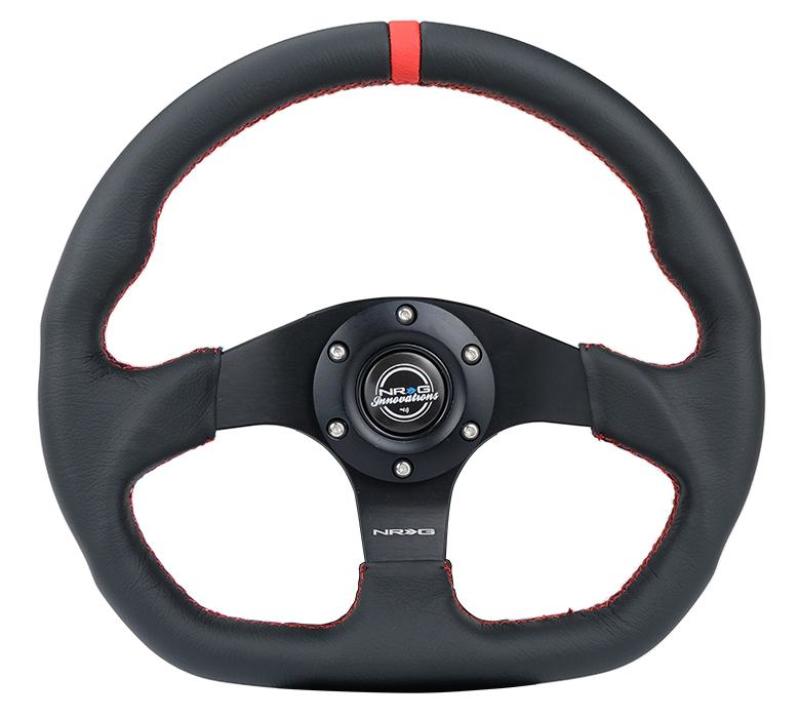 NRG Reinforced Steering Wheel (320mm) Sport Leather Flat Bottom w/ Red Center Mark/ Red Stitching - RST-024MB-R-RD