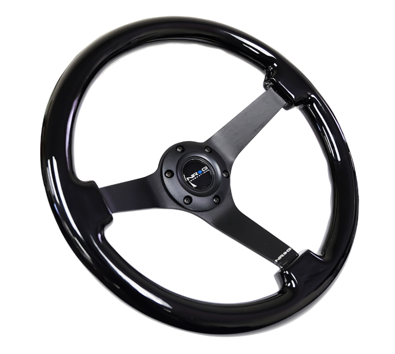 NRG Reinforced Steering Wheel (350mm / 3in. Deep) Black w/Black Chrome Solid 3-Spoke Center - RST-036BK-BK