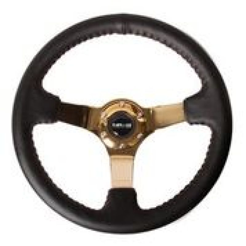 NRG Reinforced Steering Wheel (3in Deep / 4mm) 350mm Blk Leather w/Red BBall Stitch & Gold Spoke - RST-036CG