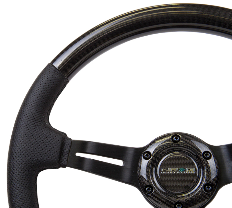 NRG Carbon Fiber Steering Wheel (350mm / 1.5in. Deep) Leather Trim w/Blk Stitch & Slit Cutout Spokes - ST-010CFBS