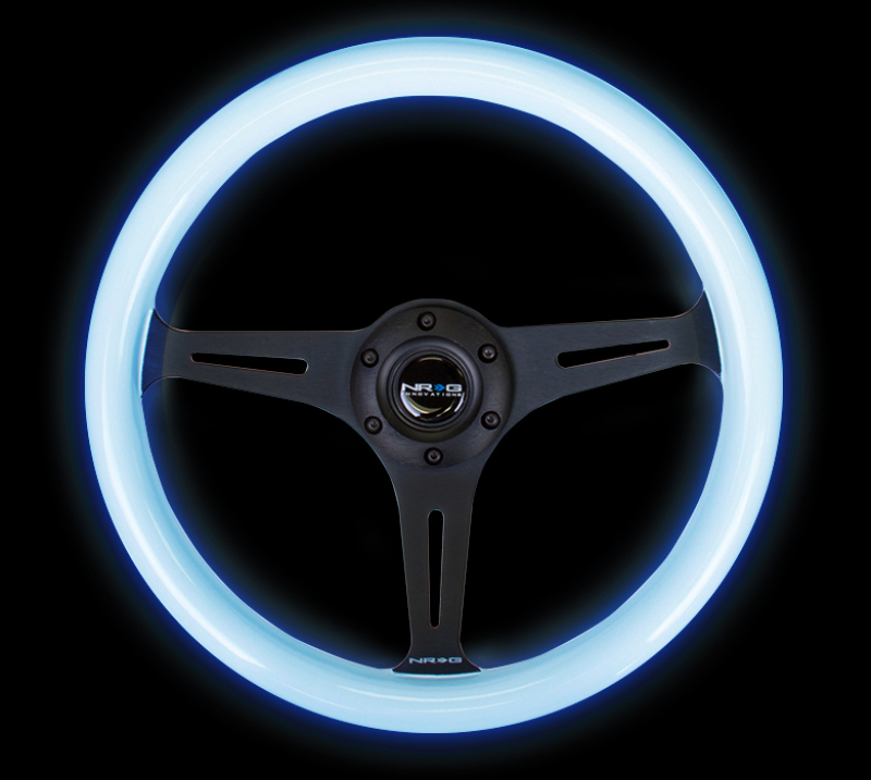 NRG Classic Wood Grain Steering Wheel (350mm) Glow-In-The-Dark Blue Grip w/Black 3-Spoke Center - ST-015BK-GL/BL