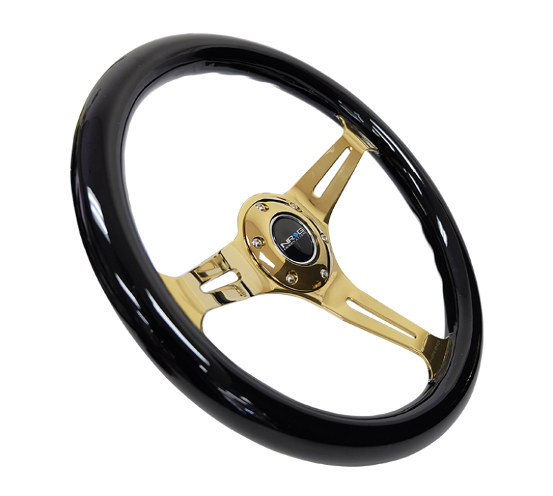 NRG Classic Wood Grain Steering Wheel (350mm) Black Grip w/Chrome Gold 3-Spoke Center - ST-015CG-BK