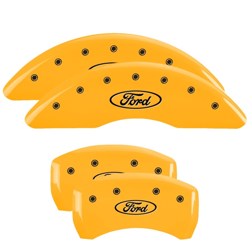 MGP 4 Caliper Covers Engraved Front & Rear Oval Logo/Ford Yellow Finish Black Char 21-22 Ford Edge - 10258SFRDYL