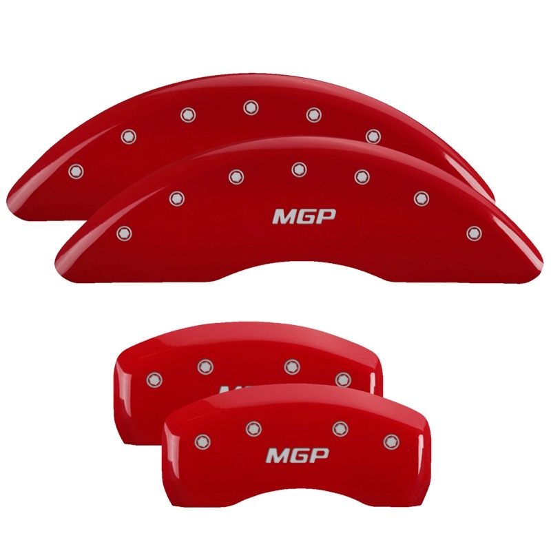 MGP Set of 4 Caliper Covers, Engraved Front and Rear: Red Powder Coat Finish, Silver Characters. - 41111SMGPRD