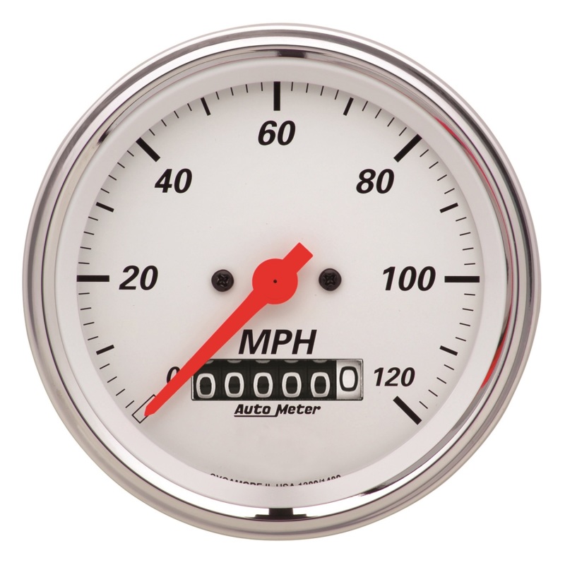 AutoMeter Gauge Speedometer 3-3/8in. 120MPH Elec. Prog. W/ Wheel Odo Arctic White - 1379