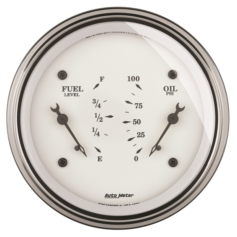 AutoMeter Gauge Dual Fuel & Oilp 3-3/8in. 240 Ohm(e) to 33 Ohm(f) & 100PSI Elec Old Tyme Wht - 1613