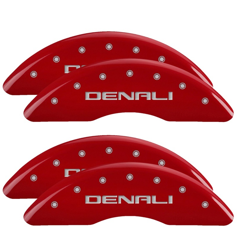 MGP 4 Caliper Covers Engraved Front & Rear Red Finish Silver Characters for 20-22 GMC Sierra 2500HD - 34219SDNLRD