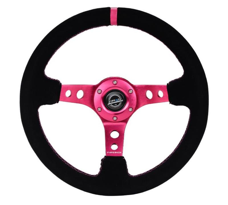 NRG Reinforced Steering Wheel (350mm/ 3in. Deep) Black Suede/ Fushia Center Mark/ Fushia Stitching - RST-006S-FH