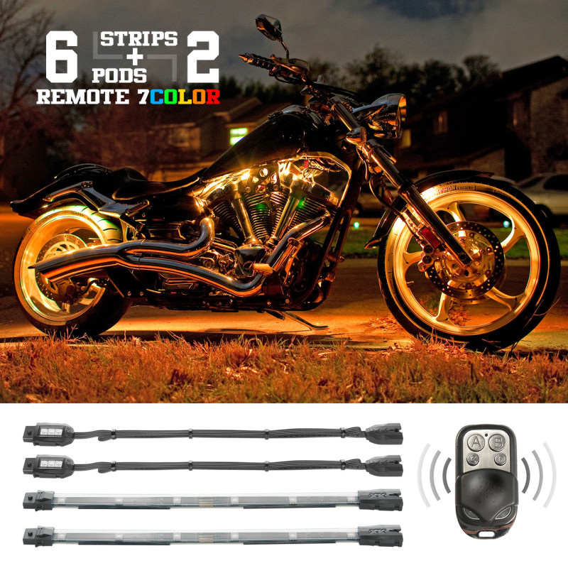 XK Glow Flex Strips 7 Color LED Accent Light Motorcycle/ATV (6xCompact Pods + 2x10In) - XK034015