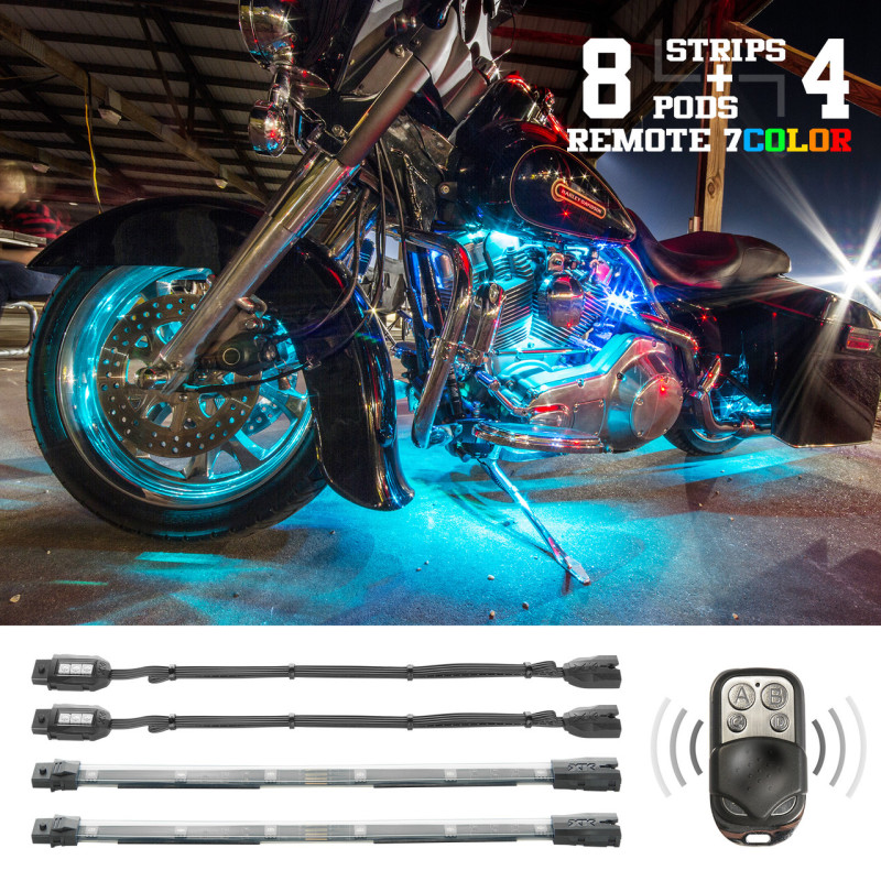 XK Glow Flex Strips 7 Color LED Accent Light Motorcycle/ATV Kit (8xCompact Pods + 4x10In) - XK034016