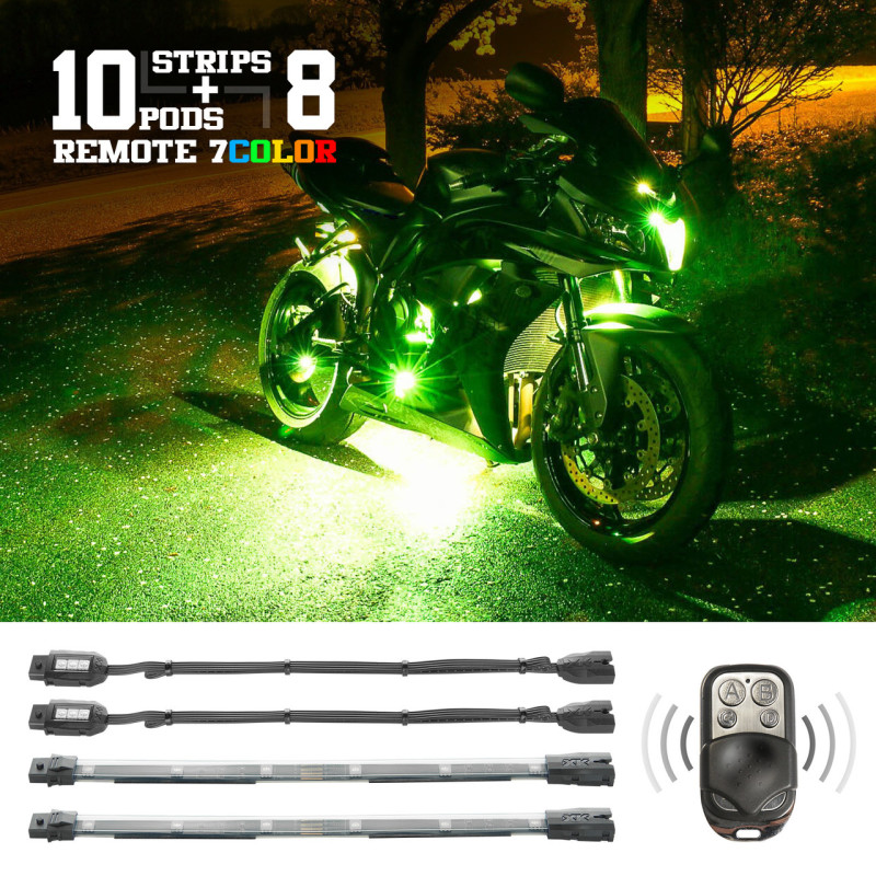 XK Glow Flex Strips 7 Color LED Accent Light Motorcycle/ATV Kit (10xCompact Pods + 8x10In) - XK034017