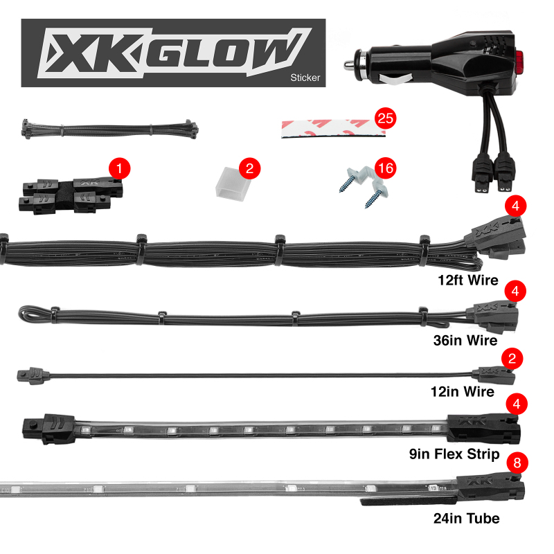 XK Glow Single Color XKGLOW UnderglowLED Accent Light Car/Truck Kit Red - 8x24In Tube + 4x8In Strip - XK041005-R