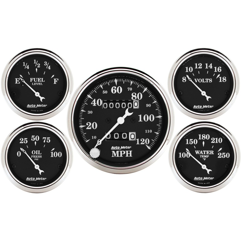 Auto Meter Gauge Kit 5 pc. 3 1/8in & 2 1/16in Mechanical Speedometer Old Tyme Black - 1708