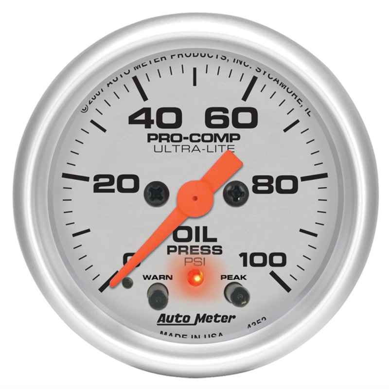 Autometer Ultra-Lite 52mm 0-100 PSI F/S Electronic Oil Pressure w/ Peak Memory & Warning Gauge - 4352