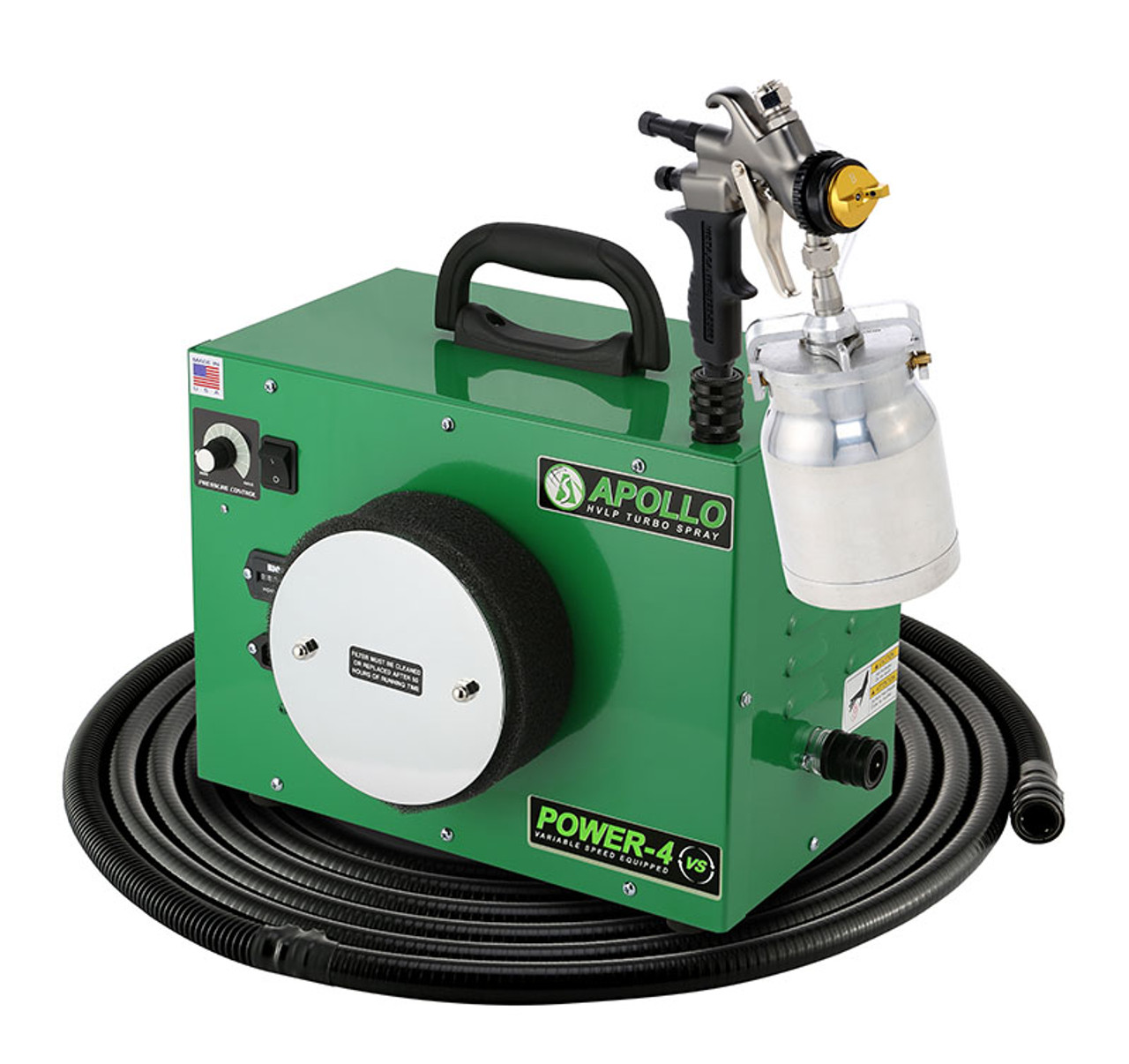 Apollo - 4-stage, POWER 4 VS; 110 volt motors with 29' air flex hose and A7700GT-600 spray gun and A5034A 600cc Gravity Feed cup. (PW4VS1107700GT6)