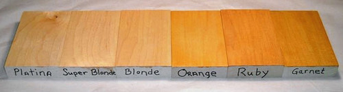 This is a comparison of colors of the dewaxed flakes we carry.  Each example is 3 coats on hard rock maple.  This is just to give you an idea of the different colors. Because of variations in computer screens and the photo, they are not exact.  The photo shows no distinct difference between the Platina and Super Blonde samples. When viewed in person there is a visible difference in these two samples.