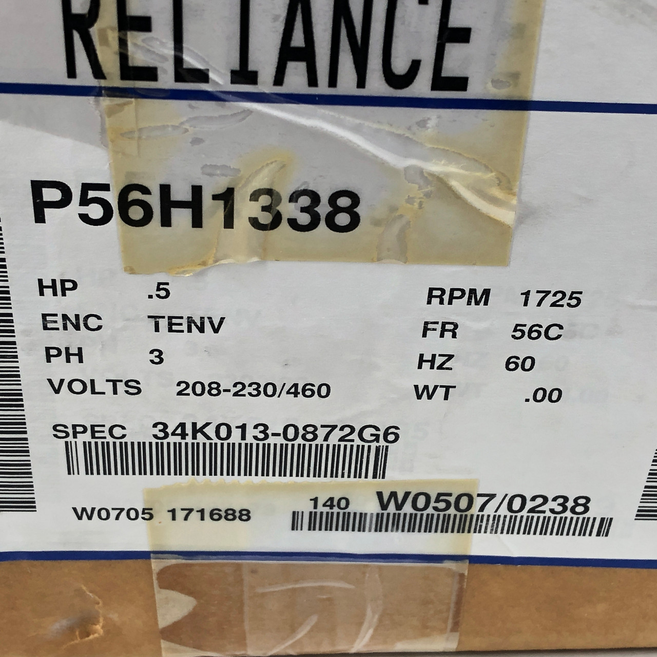 RELIANCE BALDOR MOTOR 3 PHASE 1/2 HP 1725 RPM 480V 447TS Frame P56H1338 - NEW