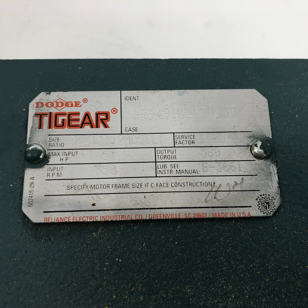 DODGE TIGEAR GEAR REDUCER MR94910L1 1.51 HP 1750 RPM  NEW