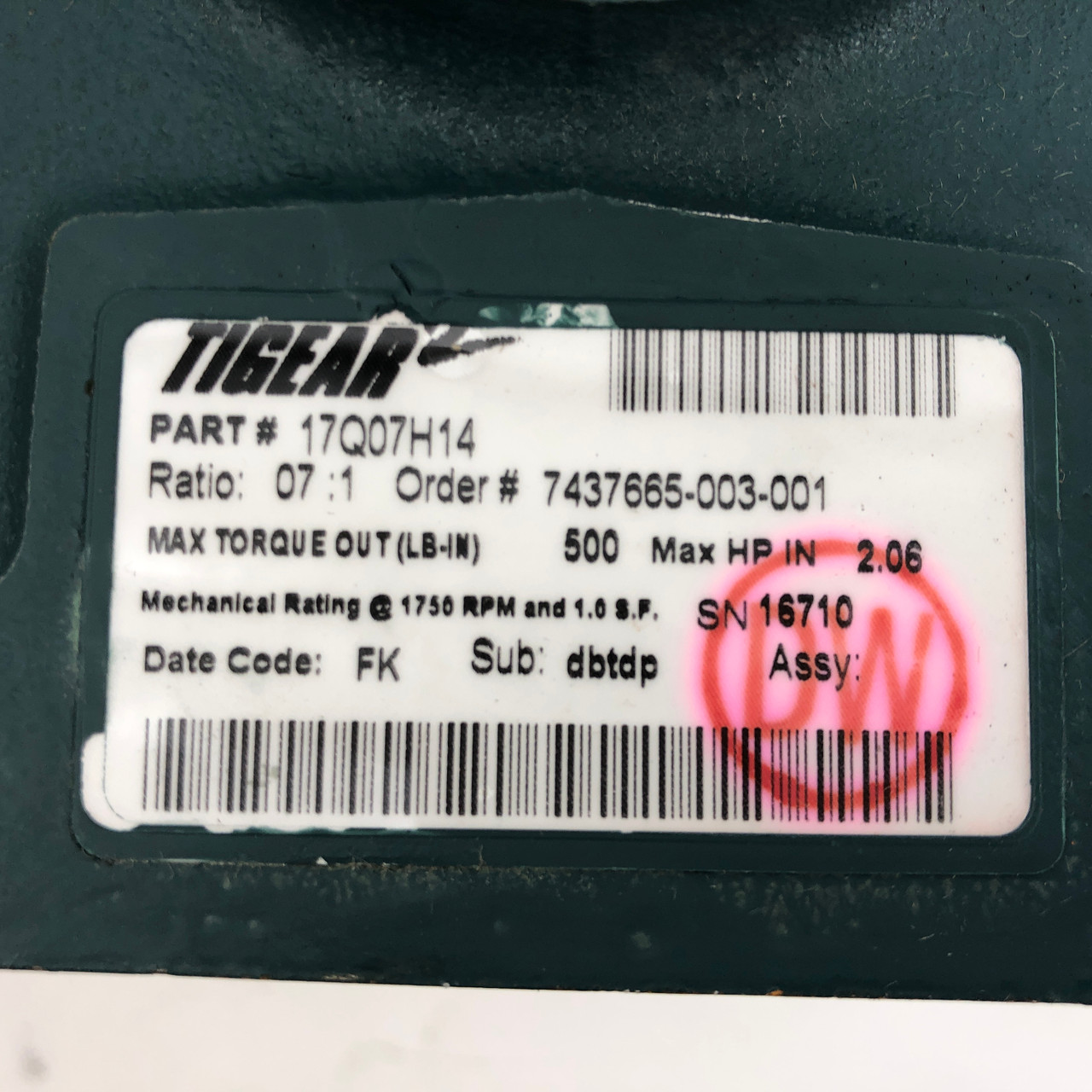 Dodge 17Q07H14 TIGEAR-2 Worm Gear Reducer 7:1 Ratio 140TC Hollow Output New