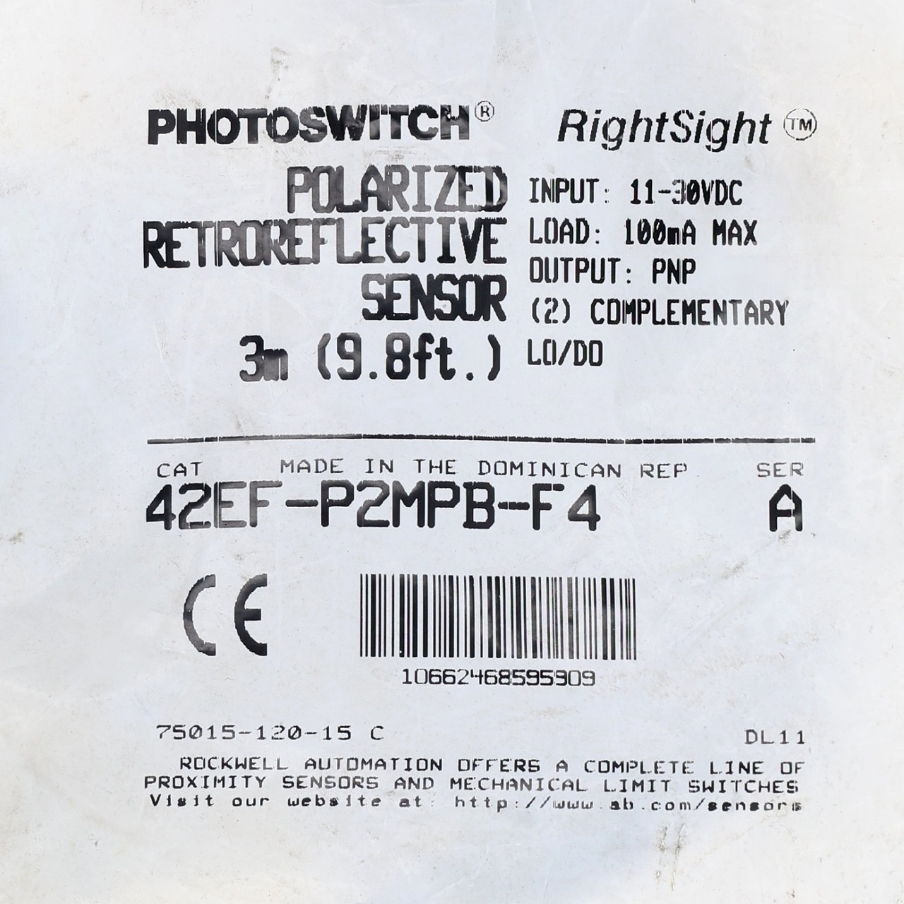 Allen Bradley 42EF-P2MPB-F4 SER A Polarized RetroReflective Sensor  3M  New