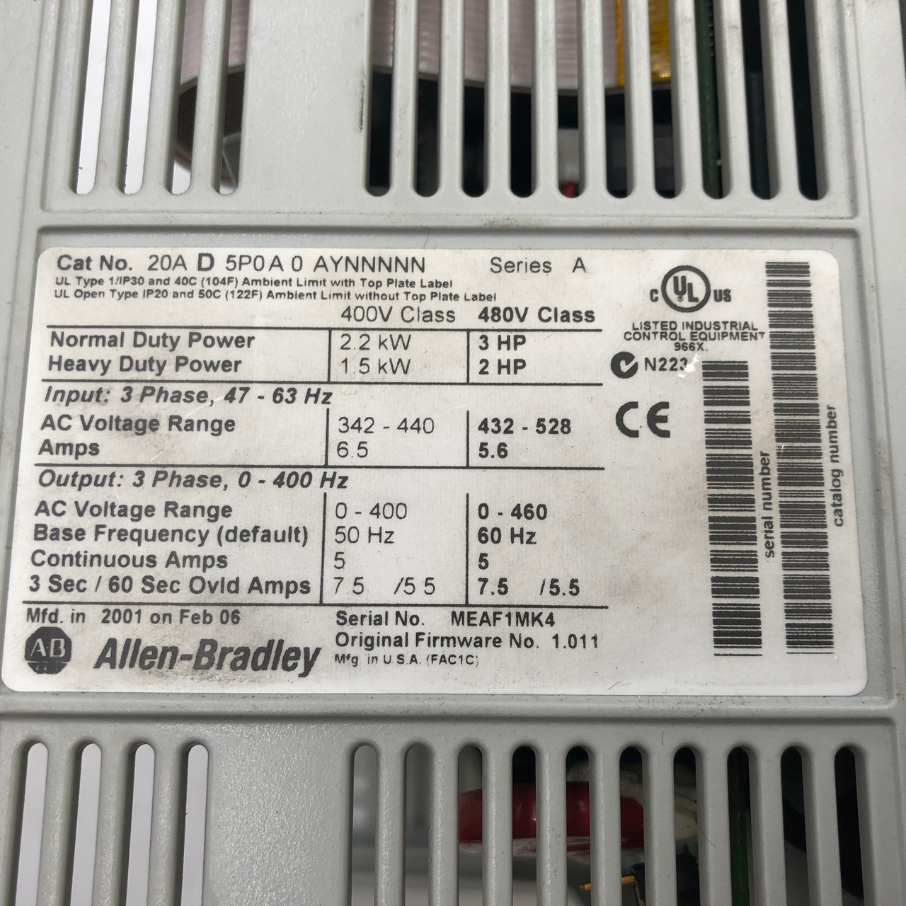 ALLEN BRADLEY 20AD5P0A0AYNNNNN 3P AC DRIVE