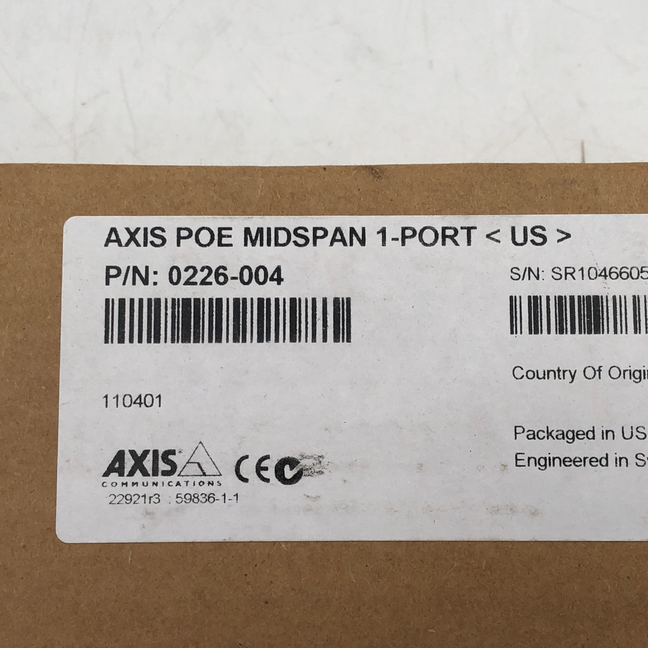 AXIS 0226-004 PoE Midspan Injector 1-Port IEEE 802.3af (15.4W) 10/100Mbps NEW