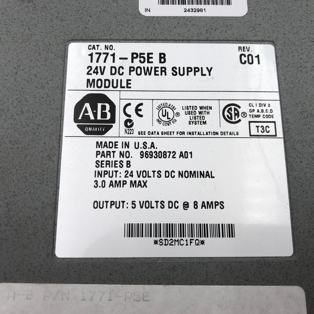 ALLEN BRADLEY 1771-P5E/B SER B REV C01 24VDC POWER SUPPLY MODULE