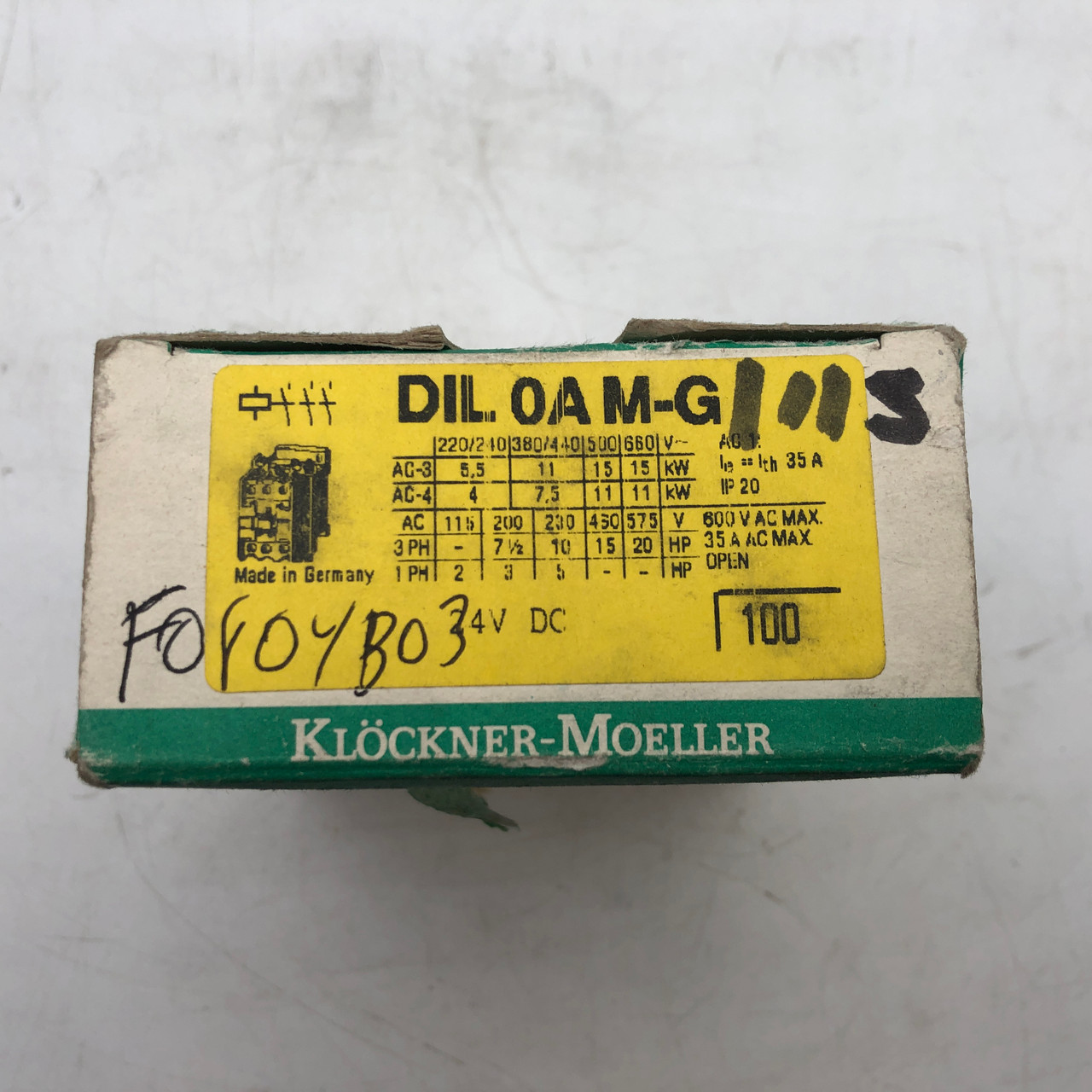 KLOCKNER-MOELLER DIL 0A M-G 24VDC 600VAC 34A CONTACTOR - NEW