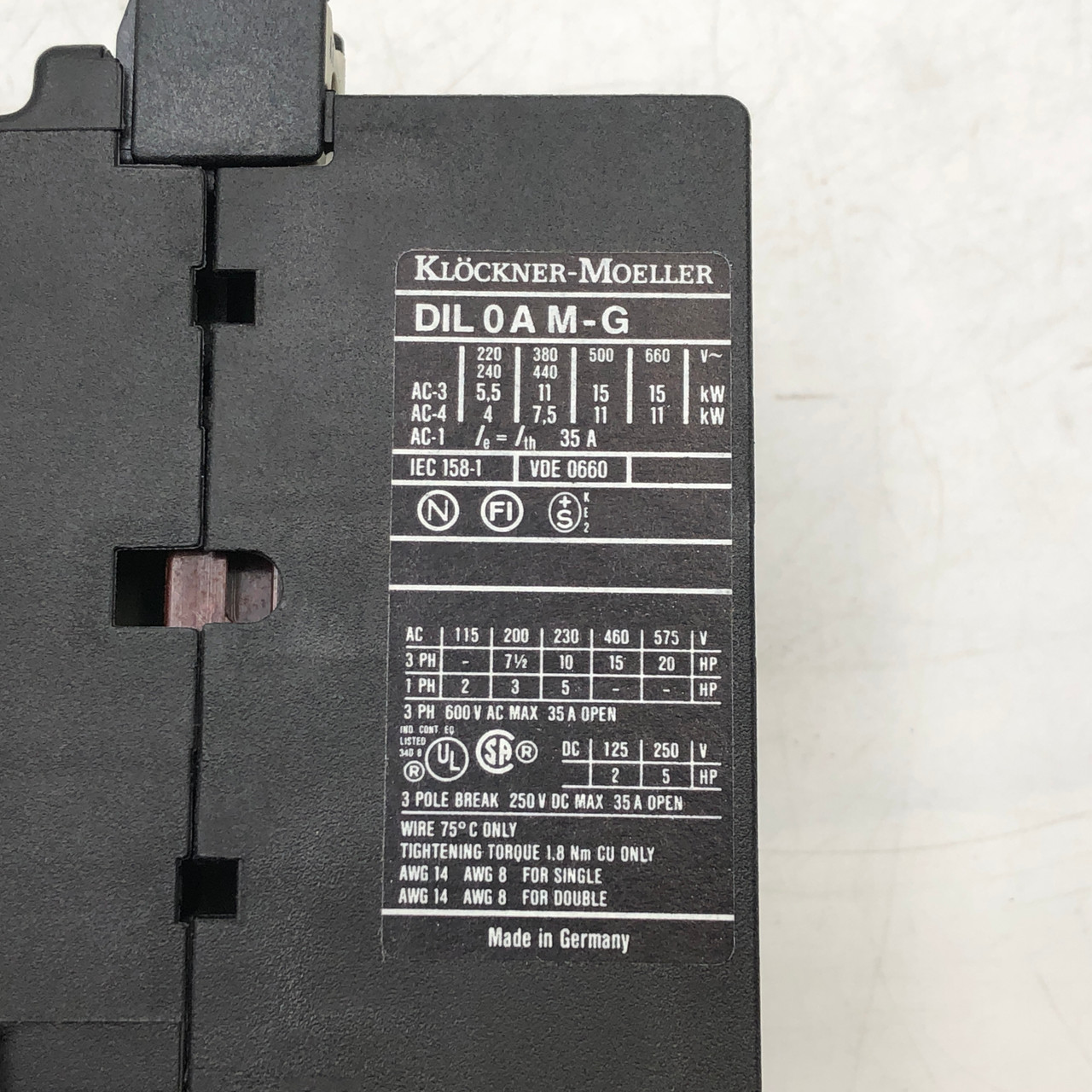 KLOCKNER-MOELLER DIL 0A M-G 24VDC 600VAC 34A CONTACTOR - NEW