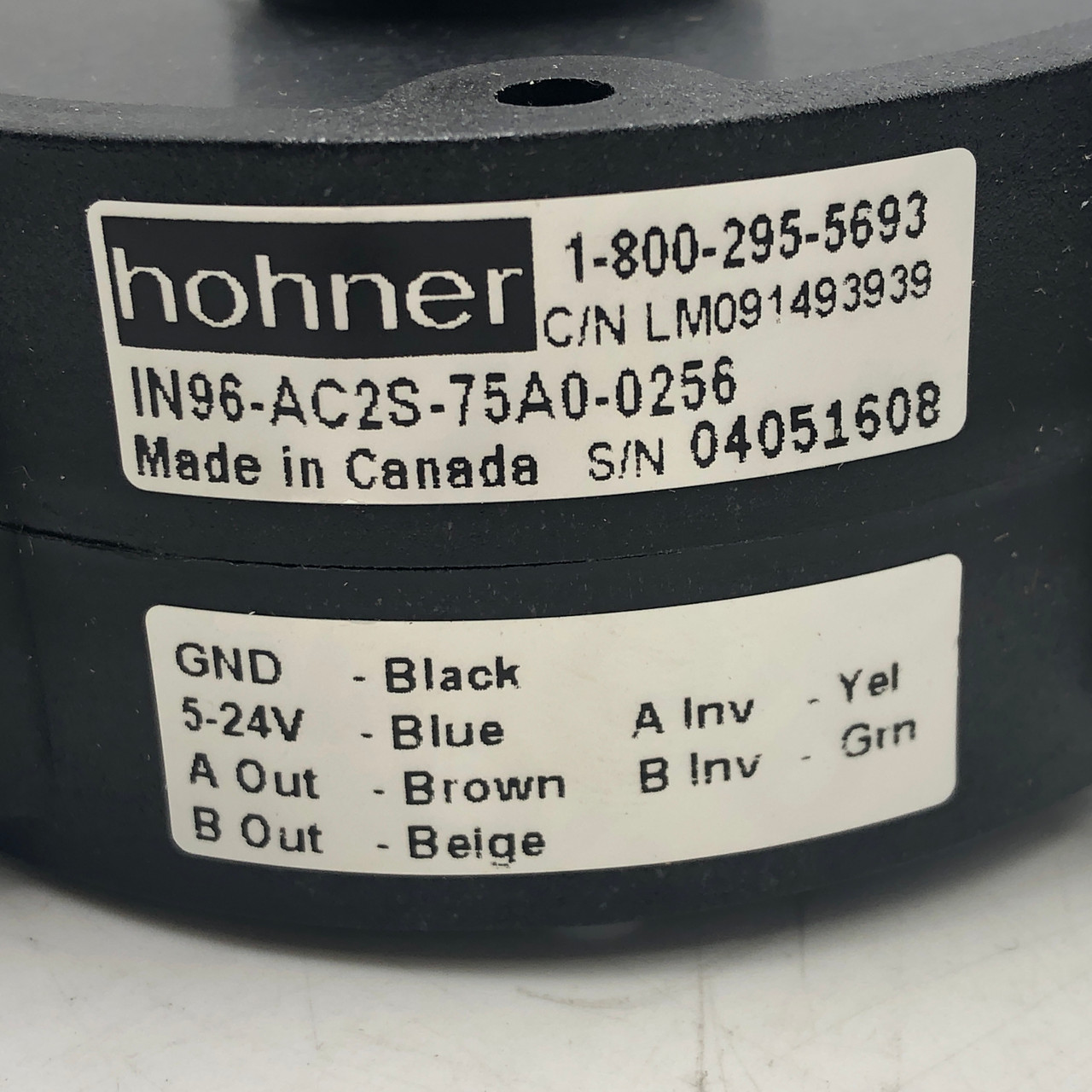 HOHNER IN96-AC2S-75A0-0512 1/2" HOLLOW SHAFT INCREMENTAL ENCODER W/512 PPR - NEW