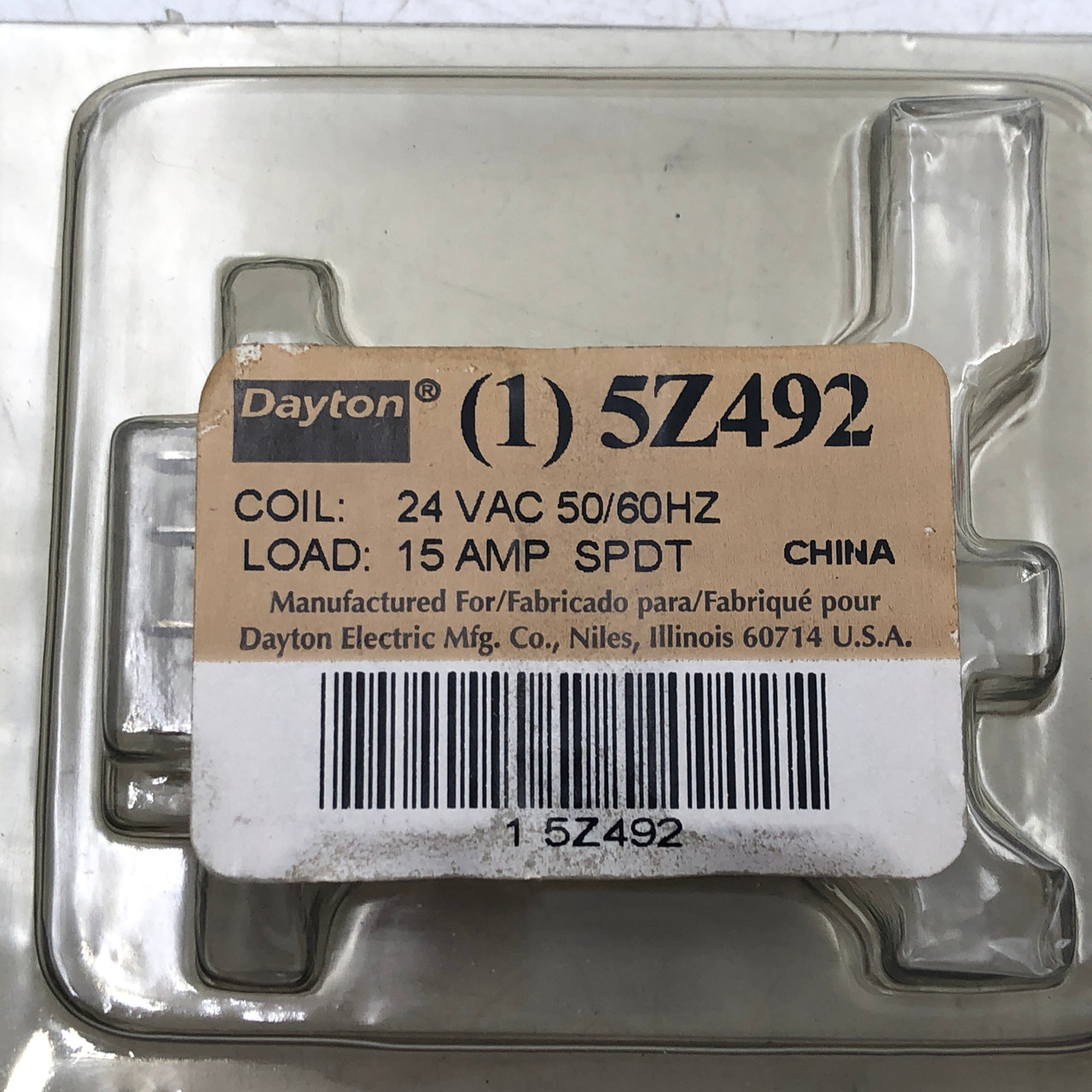 DAYTON 5Z492 24VAC 50/60HZ 15A SPDT RELAY W/ 6JG21 TERMINAL BLOCK - NEW