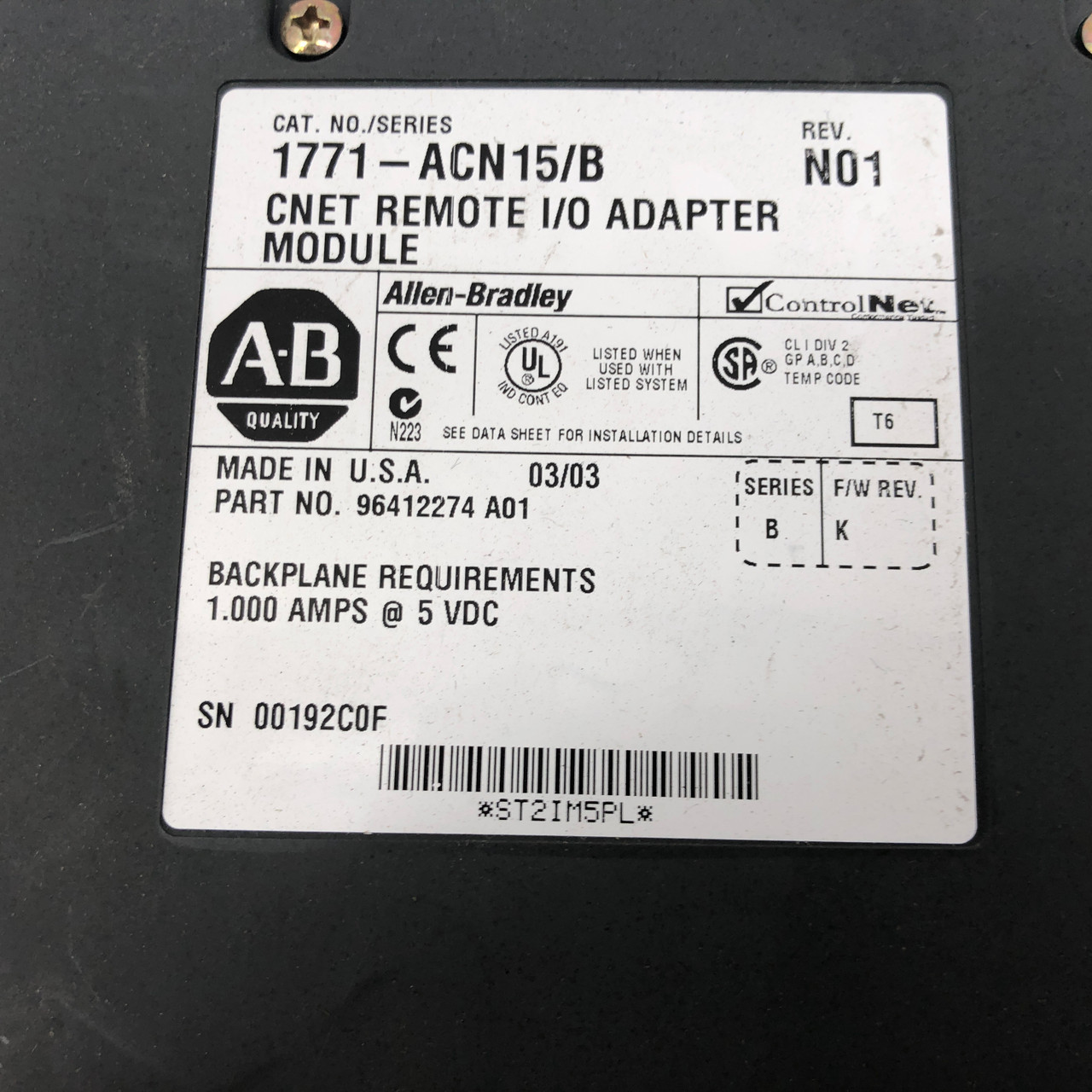 Allen Bradley 1771-ACN15/B ControlNet Interface Module PLC-5 - As is