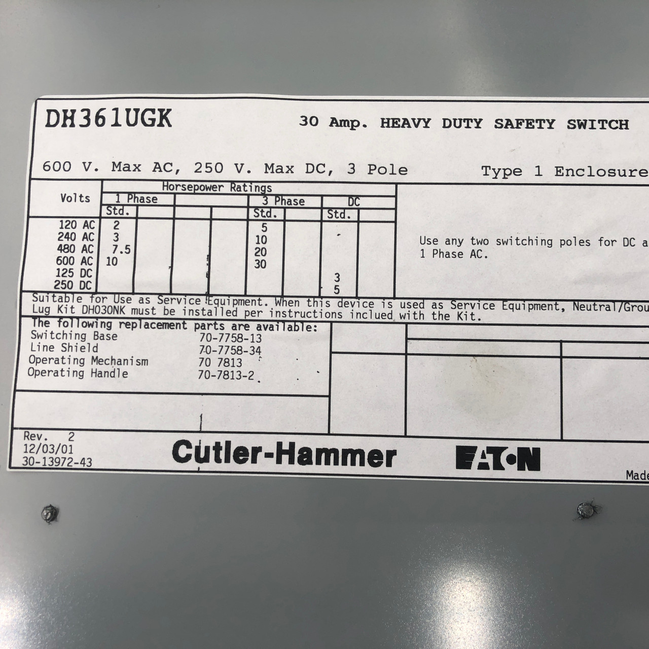 CUTLER HAMMER DH361UGK 30A 600V INDOOR NON-FUSIBLE SAFETY SWITCH
