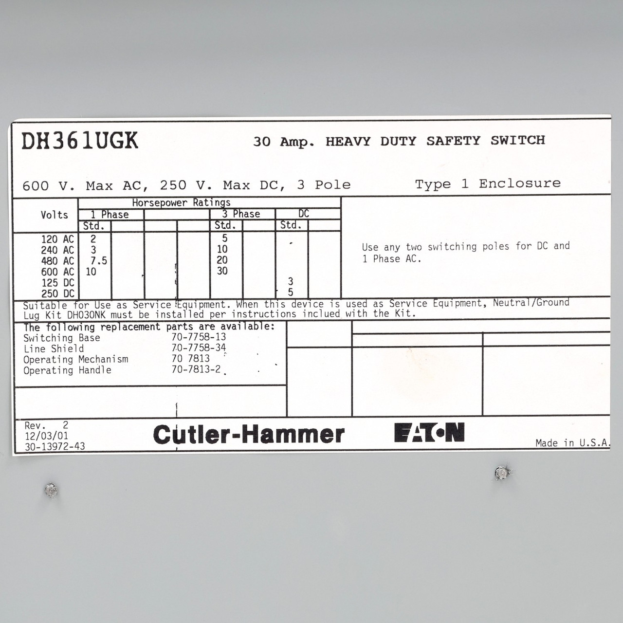 Cutler-Hammer DH361UGK 30A 600V Indoor Non-Fusible Safety Switch New