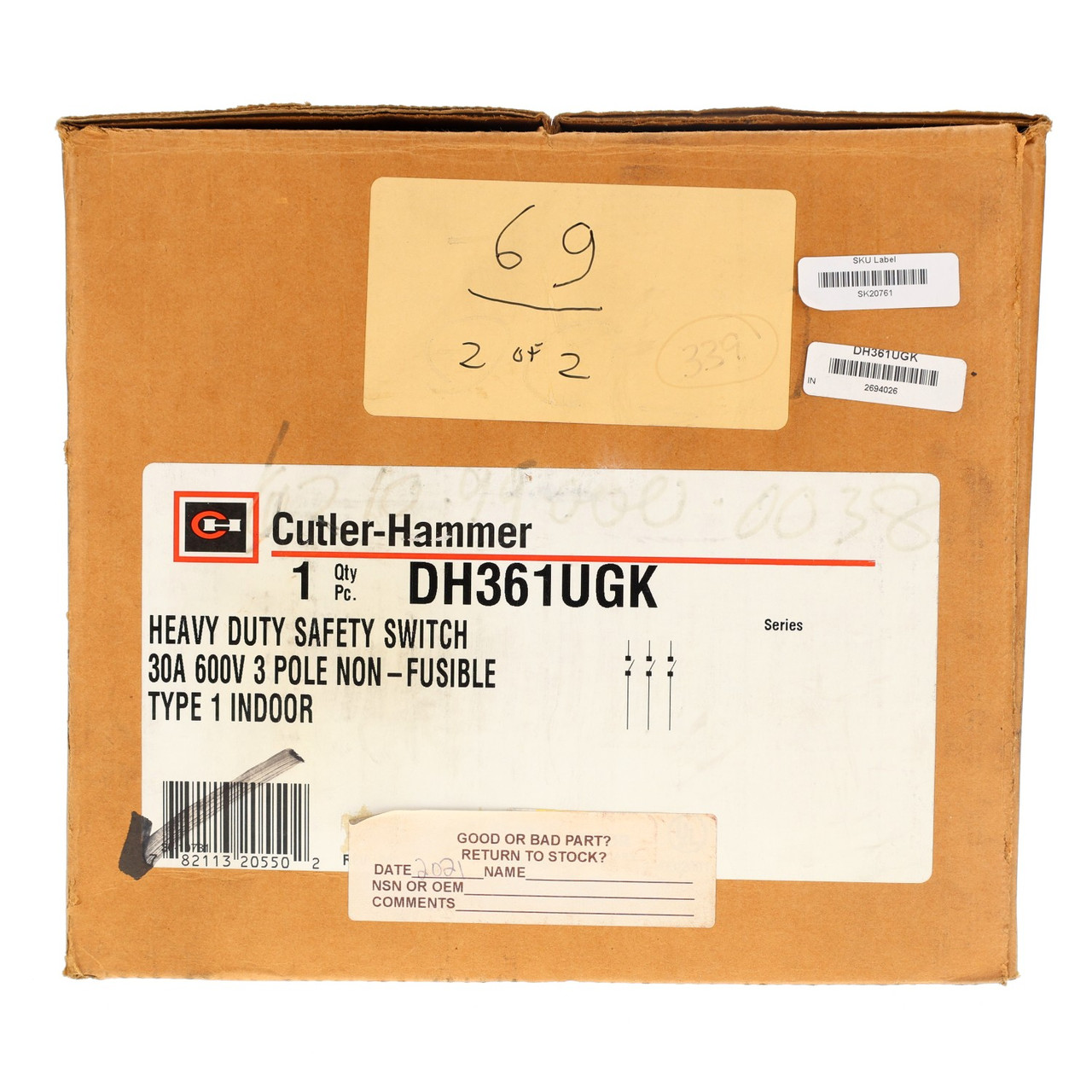 Cutler-Hammer DH361UGK 30A 600V Indoor Non-Fusible Safety Switch New