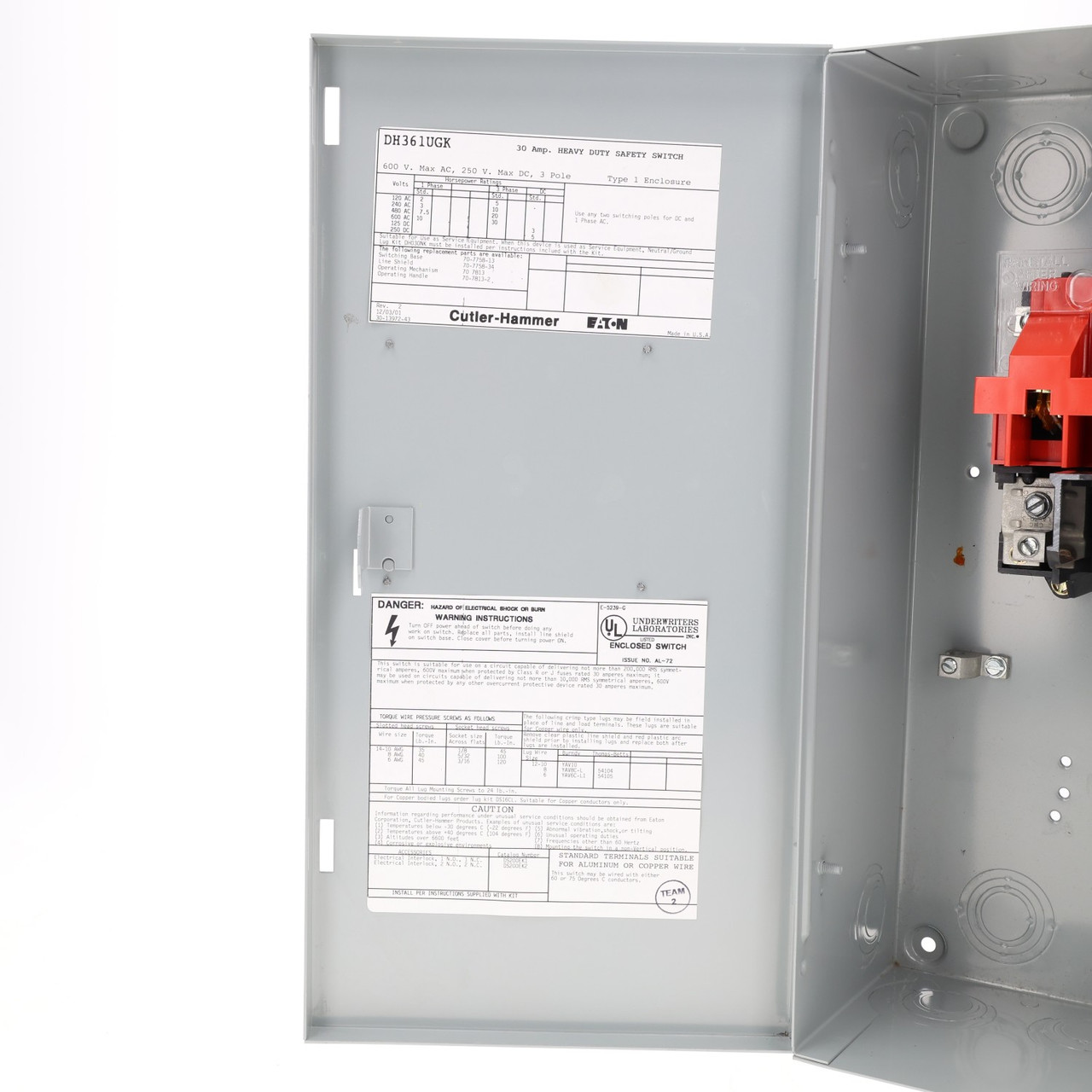 Cutler-Hammer DH361UGK 30A 600V Indoor Non-Fusible Safety Switch New