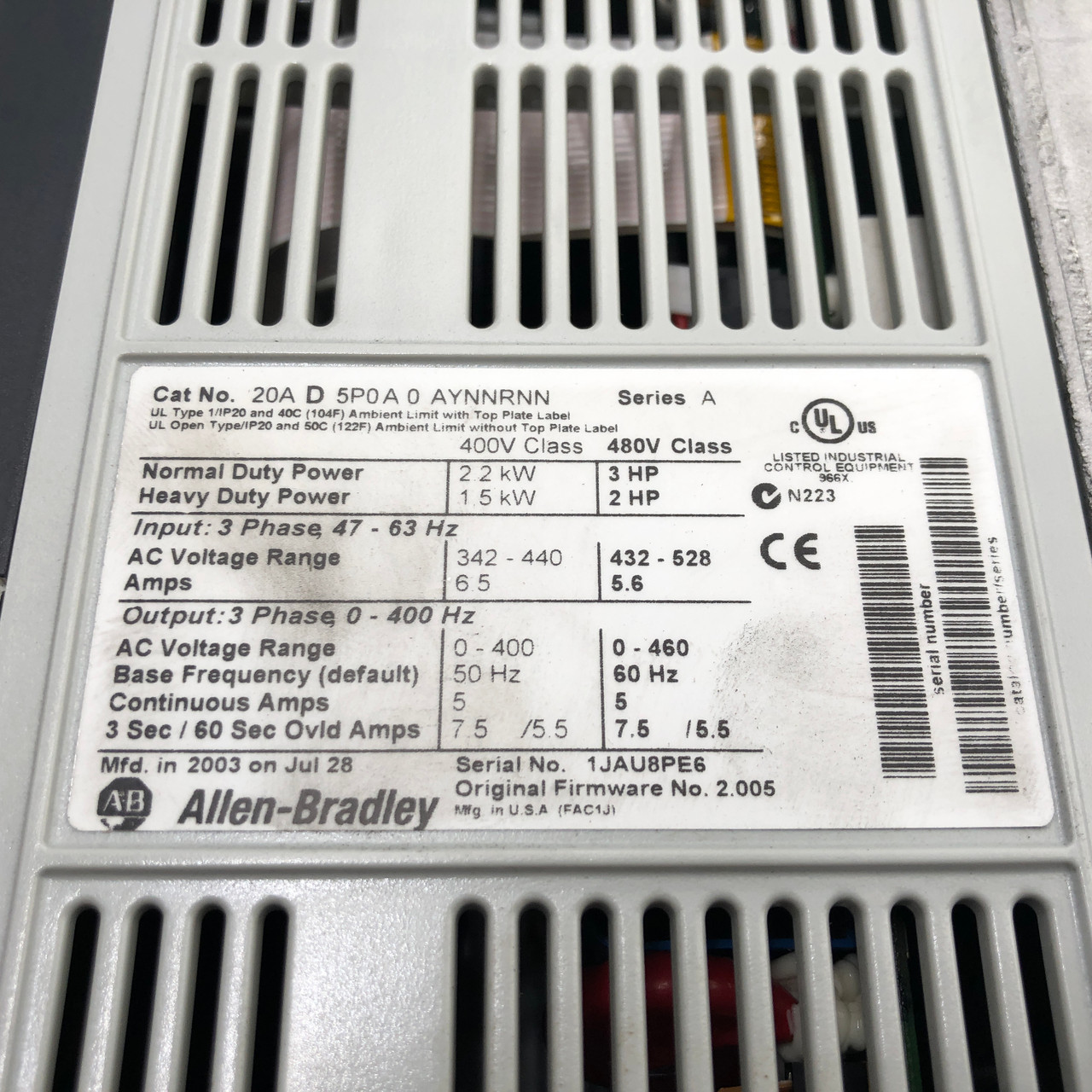 ALLEN BRADLEY 20AD5P0A0AYNNRNN SERIES A POWERFLEX VARIABLE AC DRIVE - AS IS