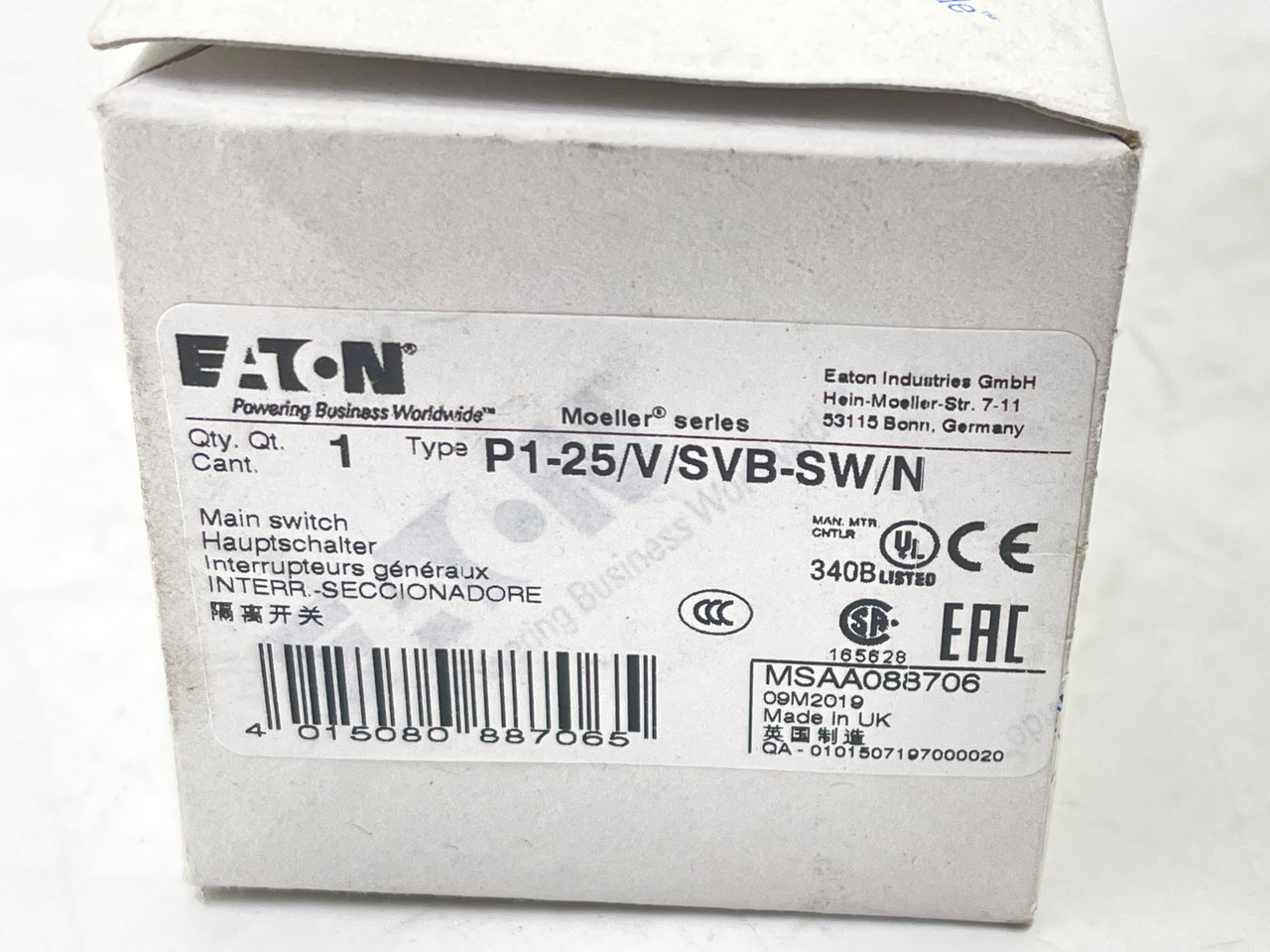 EATON P1-25/V/SVB-SW/N MAIN MOTOR DISCONNECT SWITCH ASSEMBLY - NEW